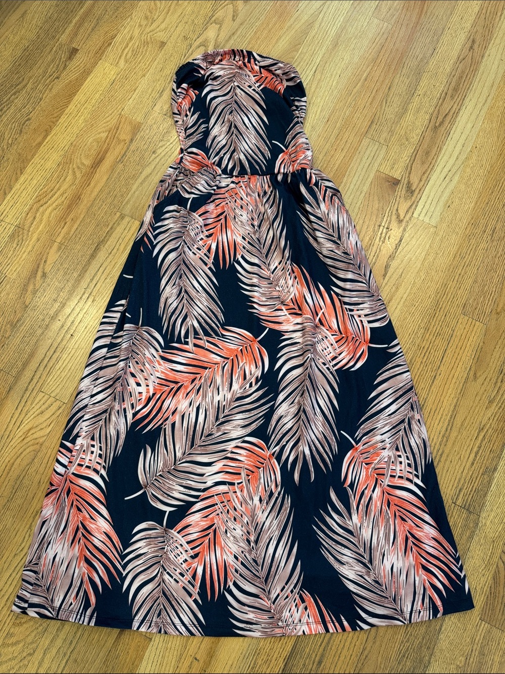 Navy Tropical Strapless Maxi Dress with Coral Palm Print Medium